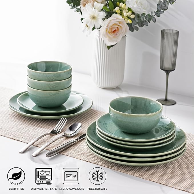 GBHOME Ceramic Dinnerware Sets for 8, 24 Pieces Stoneware Plates and Bowls Sets, Reactive Glaze Dish set -Scratch Resistant, Dishwasher&Microwave Safe-Malachite Green