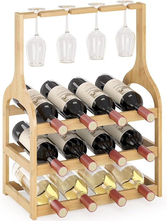 Wine Rack Countertop for 12 Wine Bottles and 4 Glass Holder, Small Bamboo Free Standing Racks Tabletop Display, Wooden Wine Storage Organizer for Cabinet Pantry Kitchen Bar Home Dining Room (Natural)