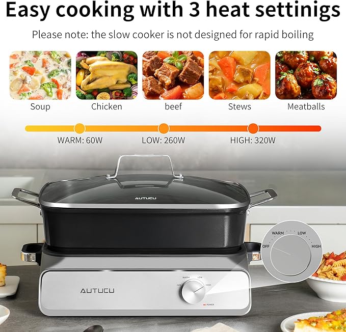 Slow Cooker 10-Quart - PFOA-Free Ceramic Coating, Oven Safe to 450°F | Keep Warm Function for Large Family Gatherings (Includes Silicone Spoon)