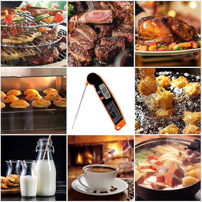 Digital Meat Thermometer for Grilling Instant Read Food Thermometer for Cooking and Baking Kitchen Turkey Temperature Probe for Deep Fry Grill BBQ Baking Frying - Orange