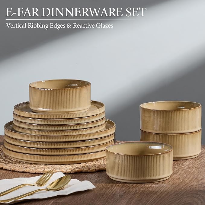 E-far 12-Piece Plates and Bowls Sets, Stoneware Dinnerware Dishes Sets for 4, Kitchen Modern Dining Dishware, Chip & Scratch Resistant, Microwave & Dishwasher Safe, Caramel Khaki
