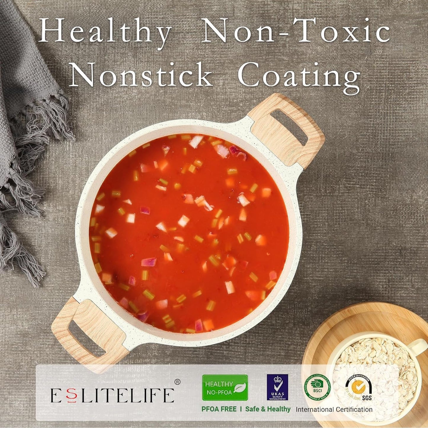 ESLITE LIFE Nonstick Stock Pot with Lid, 7 Quart Granite Casserole Large Soup Pot Pasta Cooking Pot, Induction Compatible, PTFE & PFOA Free, White