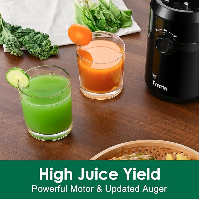 Cold Press Juicer Machines,Fretta Slow Masticating Juicer Machines with 4.25" Large Feed Chute,Fit Whole Fruits & Vegetables Easy Clean Self Feeding,High Juice Yield,Tritan BPA-Free,Onyx Black