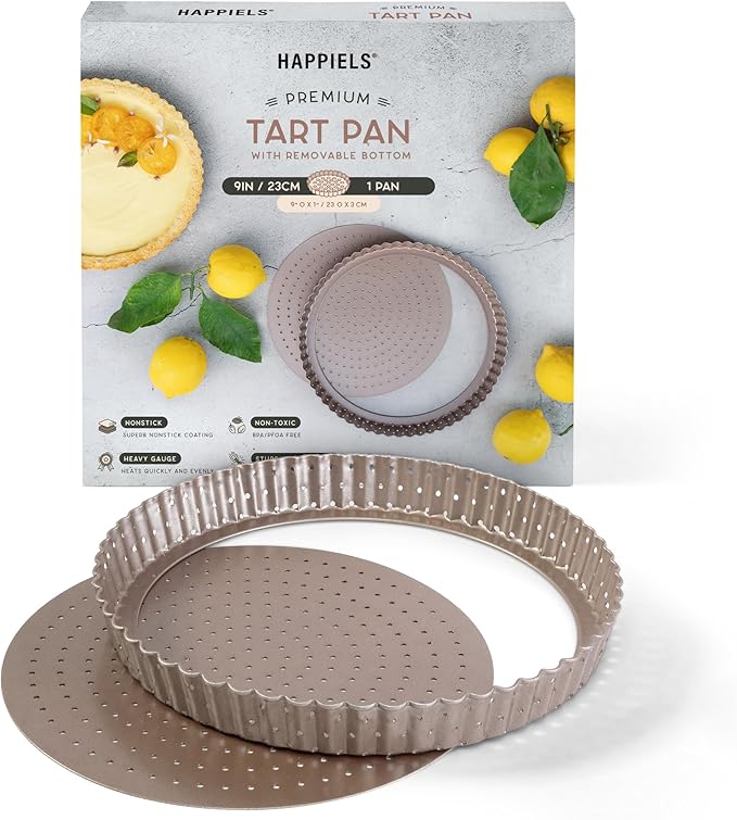 HAPPIELS Non-Toxic Nonstick 9-inch Tart Pan with Removable Bottom Perforated | Round Gold Quiche Pan