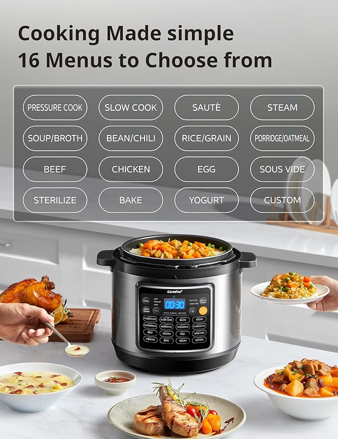 COMFEE’ 16 in 1 Electric Pressure Cooker Instant Multi Cooker Olla de Presion Non-Stick Pot Yogurt Maker Rice Cooker Slow Cooker Sauté Steamer 8 Quarts for Family Feast