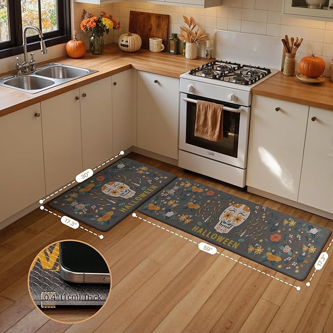 GENIMO Halloween Decorations - Kitchen Mats for Floor, 2PCS Kitchen Rugs, Cushioned Anti Fatigue Mat for Home Decor, Waterproof Non-Slip Comfort Standing Mat for Laundry, 17.3"x59"+17.3"x30", Grey