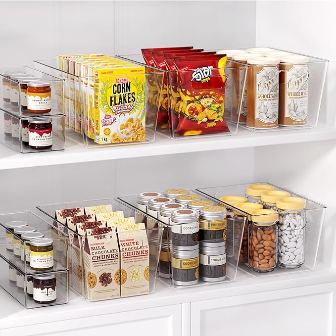 Set of 8 Clear Plastic Storage Bins, 6 Large +2 Small Pantry Organizers and Storage Containers for Kitchen Organization, Home Storage Essentials for Office, Closet, Garage, Freezer& Bathroom
