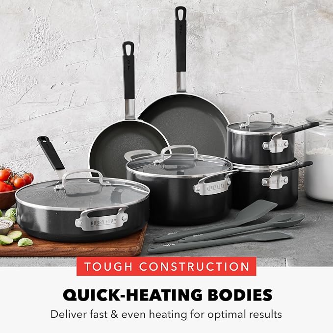 GreenPan x Bobby Flay 13 Piece Nonstick Cookware Pots and Pans Set, PFAS-Free Diamond Ceramic, Induction Suitable, Easy Clean Dishwasher & Oven Safe, Stay-Cool Silicone Handles, Glass Lids, Black
