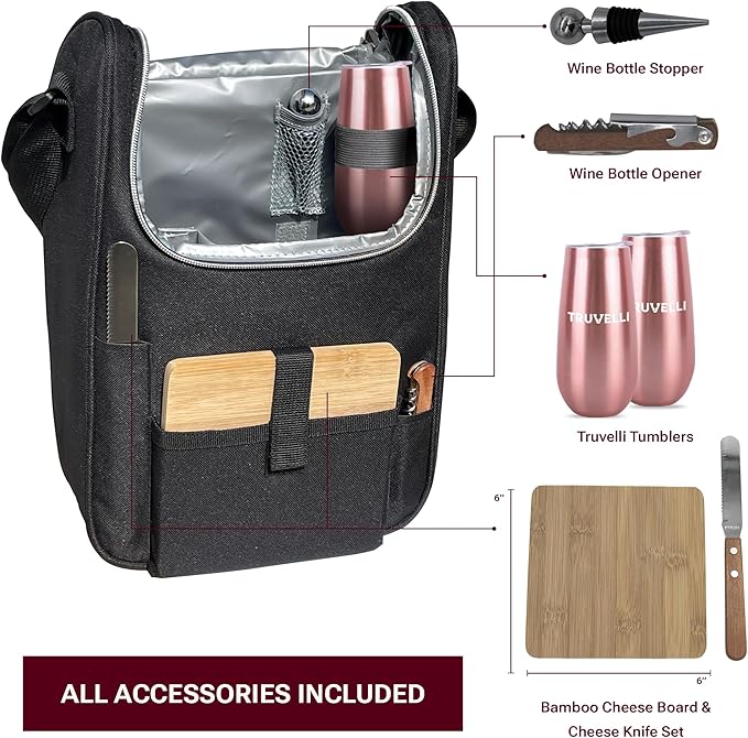 Truvelli Black Insulated Wine Tote Bag: Portable 2 Bottle Cheese Waterproof Black Canvas Carrier Picnic Kit - Stopper Attachment, Plus Wooden Charcuterie Board