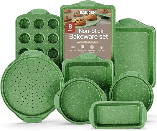 BAKKEN Kitchen Baking Pan Set - Nonstick Green Marble Coating, Carbon Steel Bakeware Sets with Green Silicone Handles, Kitchen Essentials, PFOA, PFOS, PTFE Free, Oven Safe (Up To 450° F), Set of 8