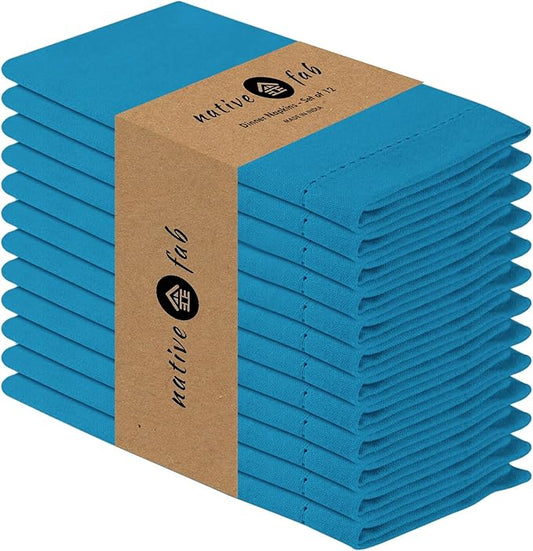 Native Fab Cloth Napkins Set of 12, 18x18 inch, Hemstitched Edges with Mitered Corners, Soft, Absorbent, Reusable Cotton Napkins for Celebrations, Events, Lunch, Dinner - Turquoise Blue