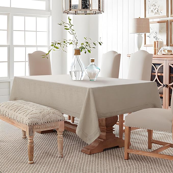 Linen World Hemstitch Linen Tablecloth, French Linen Natural Tablecloth 90" x 60" Inch, Washable Rectangular Table Cloth for Dining, Outdoor, Weddings and Restaurants, Decorative Valentine Easter