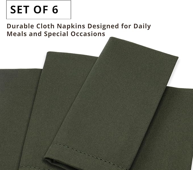 PurpleEssences Set of 6 Hemstitch Cloth Dinner Napkins 100% Cotton - Soft Durable Washable - Ideal for Wedding Christmas Holiday Winter - Perfect Everyday Use Table Linen 18x18 - Olive Green
