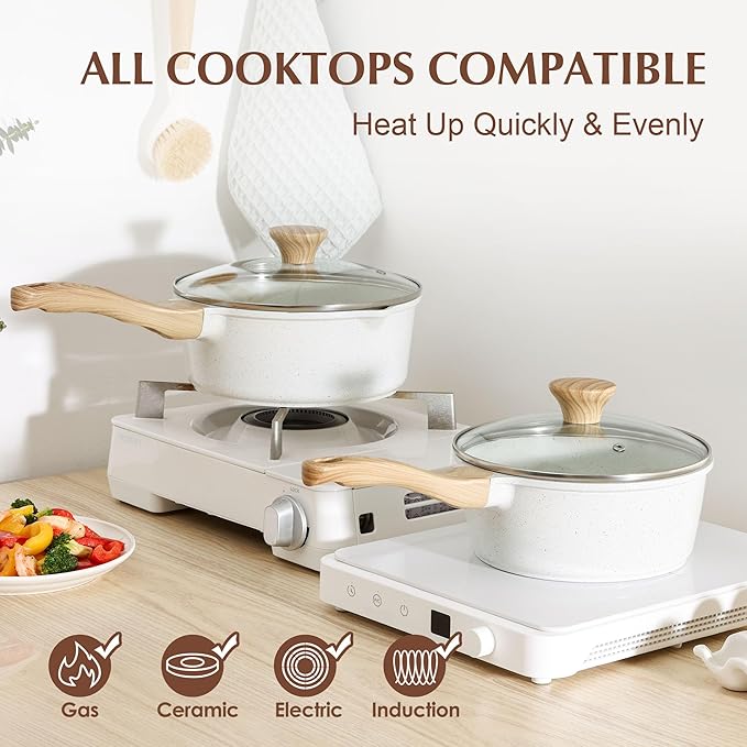 SENSARTE White Ceramic Nonstick Saucepan with Lid Set, Small Cooking Pot with Stay Cool Handle, Induction Compatible Saucepot, White Granite Coating, PFOA/PFAS Free, 1.5 + 2.5QT