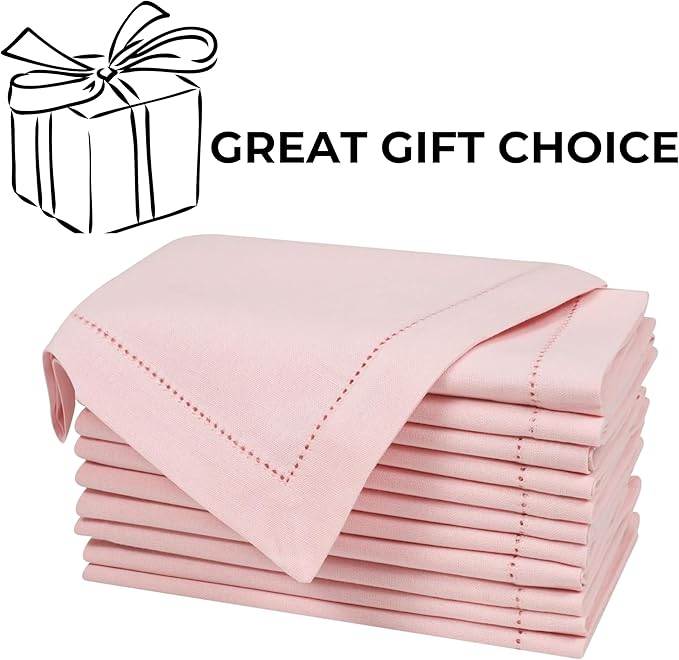 Bedding Craft Cotton Cloth Dinner Napkins Set of 12 – 18x18 Chalk Pink Hemstitched – Reusable Machine Washable Fabric Napkins for Weddings, Easter, Thanksgiving & Christmas