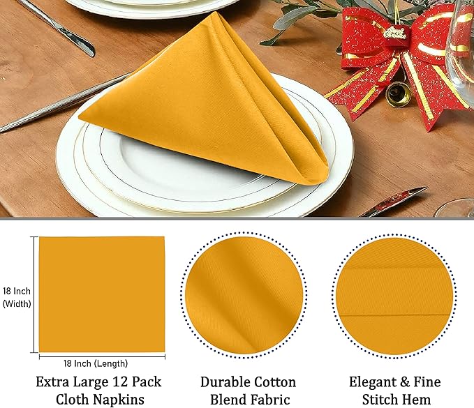 Ruvanti Cloth Napkins Set of 12, 18x18 Inches Napkins Cloth Washable, Soft, Durable, Absorbent, Cotton Blend. Table Dinner Napkins Cloth for Hotel, Lunch, Restaurant, Wedding Event, Parties - Mustard