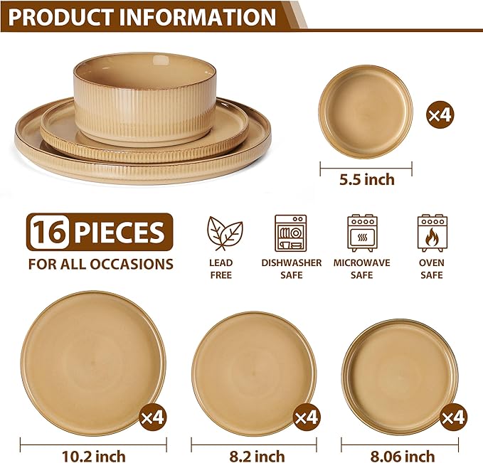 LIANYU 16 Piece Dinnerware Sets with Double Bowls, Ceramic Plates and Bowls Set for 4, Ribbed Stoneware Dishes, Microwave and Dishwasher Safe, Dune Khaki