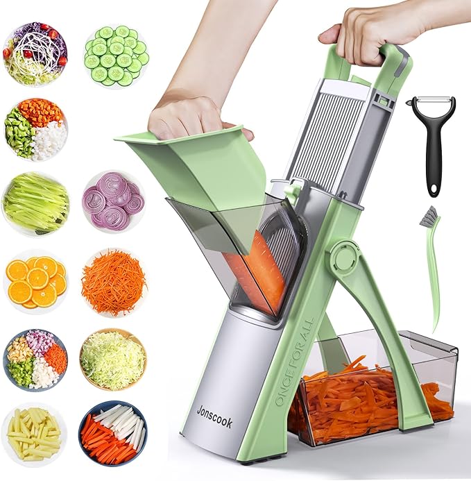 All-in-1 Update Safe Mandoline Slicer for Kitchen, Food Chopper with Container, Thickness Adjustable Vegetable Chopper, Potato French Fry Cutter Tomato Apple Slicer Onion (Matcha Green)