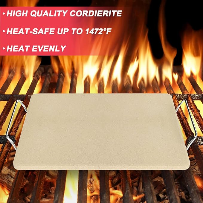 Universal Extra Large Pizza Stone with Rack for Oven, BBQ Grilling, 12" x 15" Natural Cordierite Rectangular Baking Stone Kit with Pizza Peel & Plastic Scraper for Baking Bread, Baking Pizza, Cookies