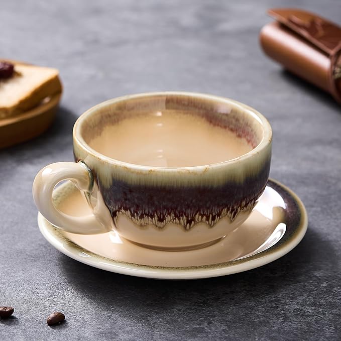 Vintage Design 12 oz Ceramic Latte Art Cappuccino Barista Cup with Saucer (Brown)