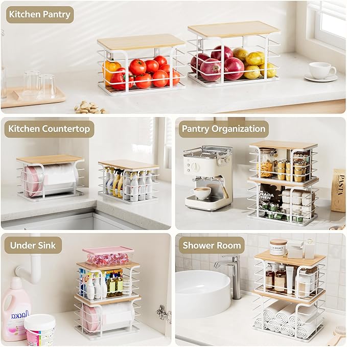 2 Pack Pantry organizers and Storage,Kitchen Organization with Bamboo Top,Stackable Kitchen Pantry bin for Onion,Potato,Fruits,Produce,Vegetable,White