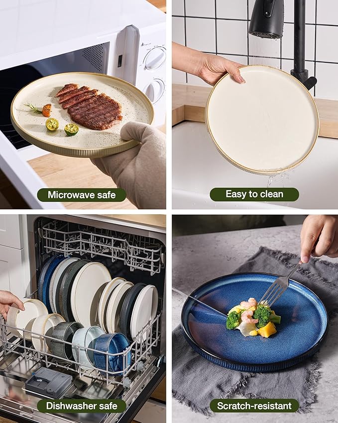 famiware Star Dinnerware Set, Plates and Bowls Sets for 8 (24pcs), Ribbed Stoneware Dishes - Chip & Scratch Resistant, Microwave & Dishwasher Safe Tableware, White