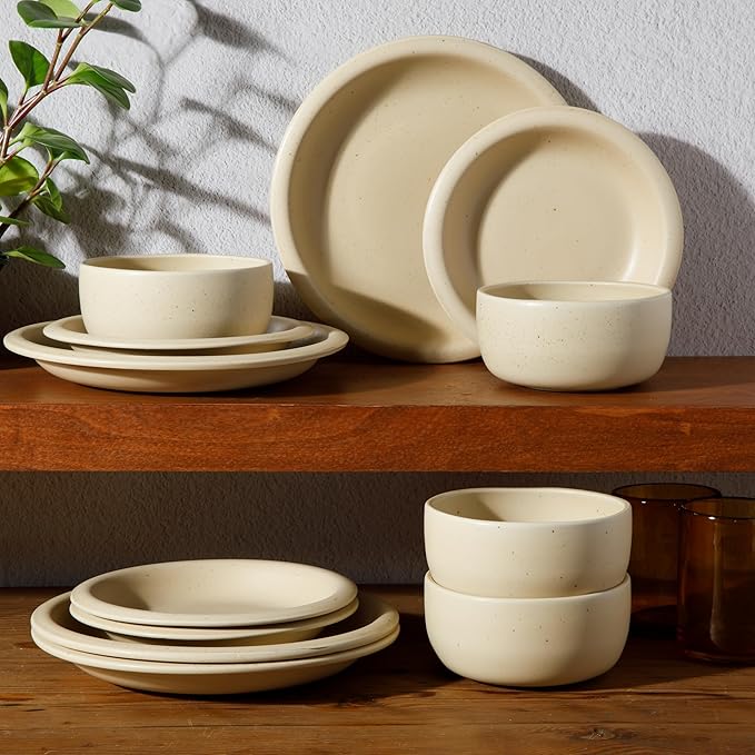 Bloomhouse - Two Time Oprah's Favorite Things Winner - Corsica Clay 12 Piece Stoneware Rustic Reactive Glaze Dinnerware Set - Stackable Plates Bowls Set. Service for 4 - Matte Finish Cappuccino Cream