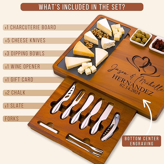 Personalized Acacia Wood Charcuterie Board Set with Stainless Steel Knives – Custom Cheese Board Gift for Wedding, Christmas, Housewarming, Bridal Shower, Anniversary, Women and Couples, Gifts for Her