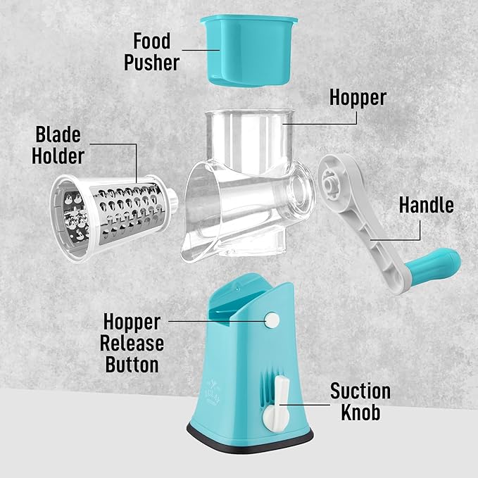 Zulay Kitchen Rotary Cheese Grater 5 Blade Cheese Shredder - Manual Hand Crank Cheese Grater With Reinforced Suction & 5 Interchangeable Drums - Easy to Use, Vegetable Chopper Round Mandoline Slicer