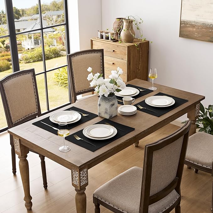 Romanstile Cloth Placemats Set of 6-12 x 18 Inch, Heat Resistant Double Layered Thickened Burlap Place Mats, Washable Faux Linen Farmhouse Table Mats for Kitchen/Dining/Party/Outdoor, Black