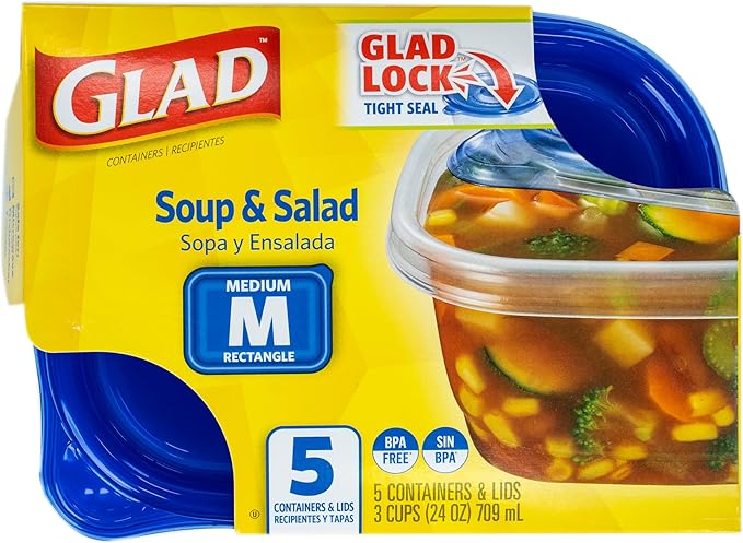 Glad GladWare Soup & Salad Food Storage Containers - Medium Rectangle - Meal Container Holds up to 24 Ounces of Food - Lock Tight Seal, 5 Count - 6 Pack