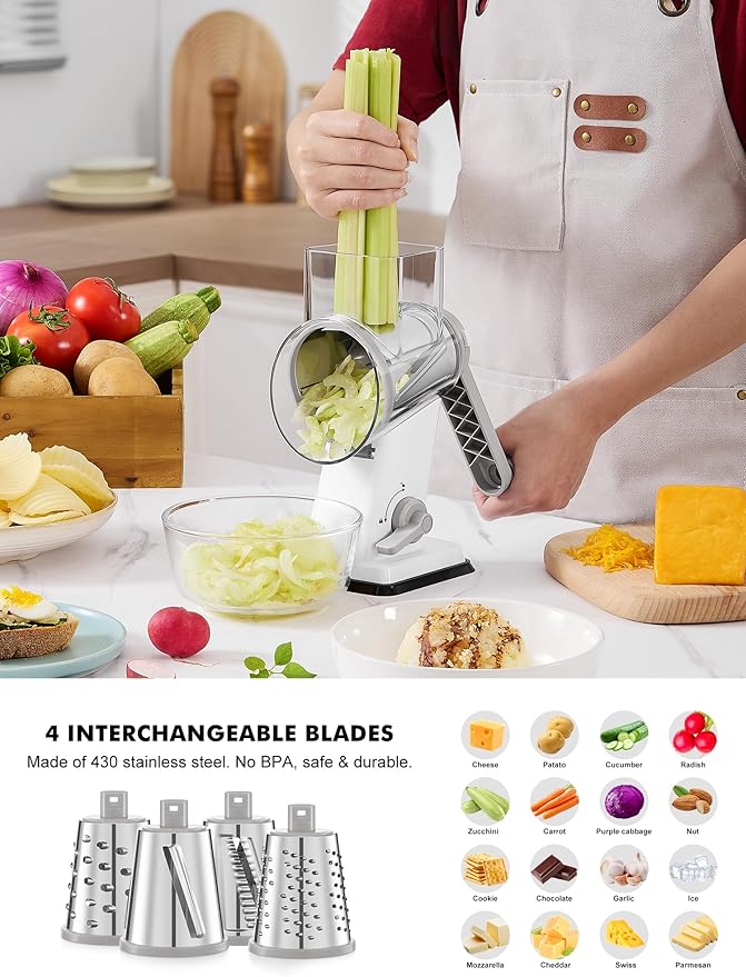 GDL Rotary Cheese Grater Hand Crank - Upgraded Cheese Shredder with 4 Interchangeable Blades, Rotary Grater with Non-slip Suction Base, Easy to Clean Kitchen Grater Slicer Grinder for Vegetable Nuts