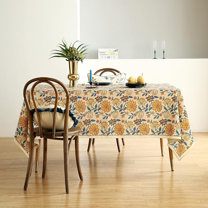 French Tablecloth for Rectangle Tables,Linen Table Cloth with Yellow Flowers Pattern,Heavy Durable Table Cover for Dining Thanksgiving Kitchen Decor Party Christmas,55"*87"