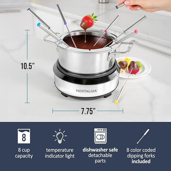 Nostalgia 8-Cup Electric Fondue Pot Set for Cheese & Chocolate - 8 Color-Coded Forks, Temperature Control - Kitchen Gadgets and Appliances for Hors d'Oeuvres and More - Stainless Steel