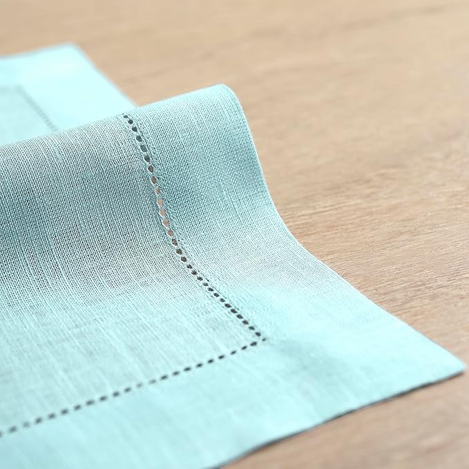 Solino Home Aqua Blue Linen Napkins Set of 4-100% Pure Linen Hemstitch Dinner Napkins 20 x 20 Inch - Classic Hemstitch