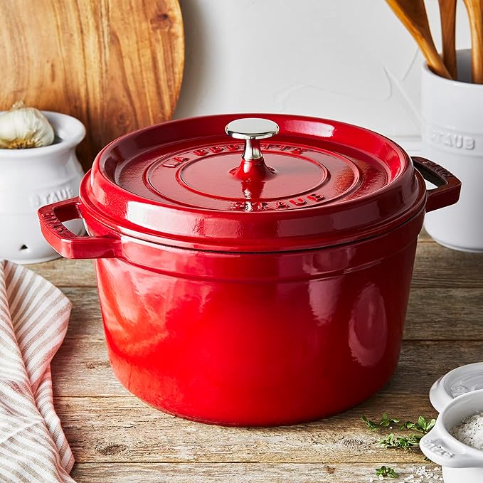 Staub Cast Iron Dutch Oven 5-qt Tall Cocotte, Made in France, Serves 5-6, Cherry