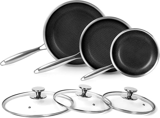 Innerwell Tri-Ply Stainless Steel Frying Pan Set with Lid,8 Inch,9.5 Inch and 11 Inch Nonstick Honeycomb Stainless Steel Cooking Skillet Set of 3 for Induction Gas Stovetops
