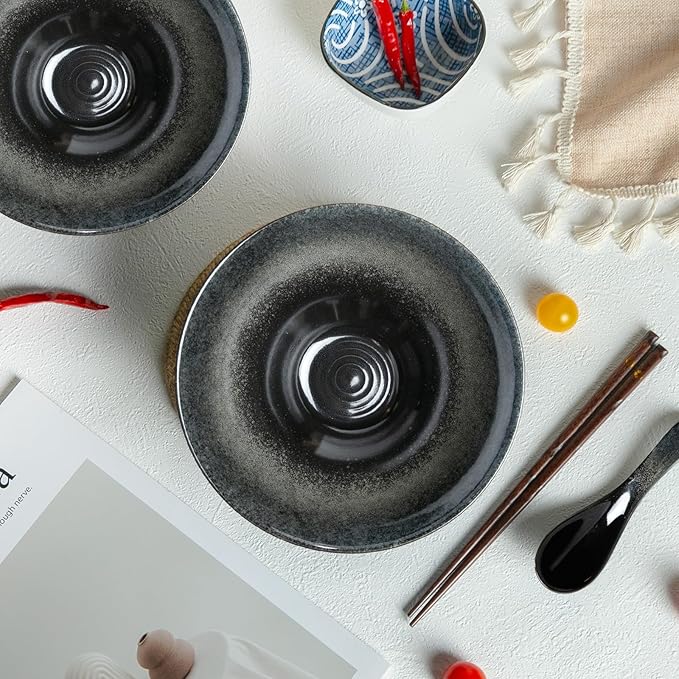 40 oz Ceramic Ramen Bowl Set of 2, Ramen Noodle Bowl with Spoons and Chopsticks 8 Inch Japanese Retro Style Large Soup, Pho, Udon Bowls, Microwave & Dishwasher Safe, Black