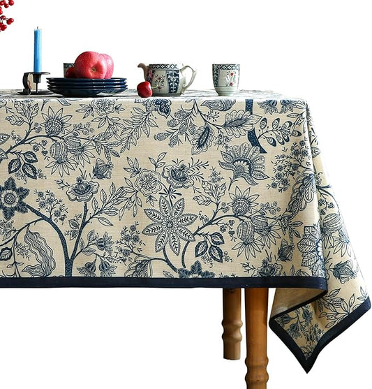 French Floral Tablecloth for Rectangle Tables,Linen Table Cloth with Blue Flowers Pattern,Heavy Durable Table Cover for Dining Kitchen Decor Party Banquet Christmas,63"*102"