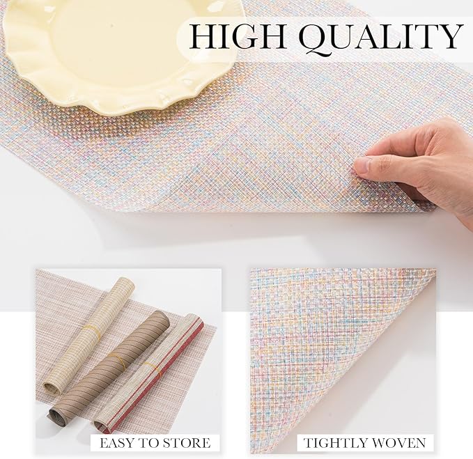 BACKTOEDEN Placemats Set of 8 Heat Resistant Washable Wipeable Placemat Woven Non-Slip Foldable Vinyl/Plastic Place Mats Indoor/Outdoor Mat Kitchen Dining Table Pad, Bright Silk Colorful