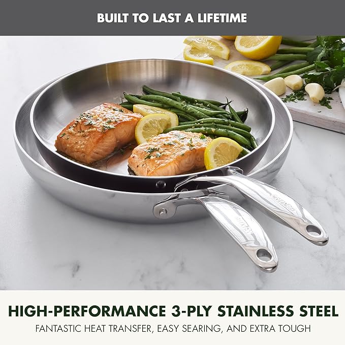 GreenPan Valencia Tri-Ply Stainless Steel 3 Piece Frying Pan Set (8", 9.5" & 11" Skillets), Induction Ready, Mirror Finish, Dishwasher & Oven/Broiler Safe to 600F, Compatible with All Cooktops, Silver