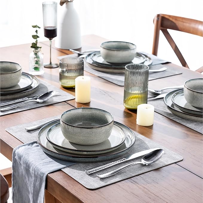 GBHOME 32 Pieces Double Bowls Ceramic Dinnerware Sets for 8, Stoneware Plates and Bowls Set with Reactive Glaze, Scratch Resistant Stoneware Dishes Set, Dishwasher & Microwave Safe