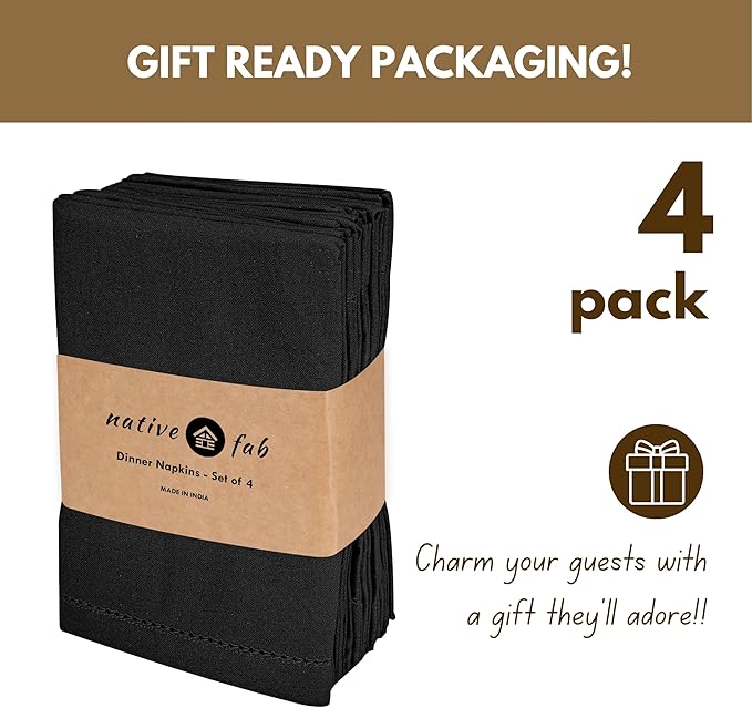 Native Fab Cloth Napkins, Set of 4, 100% Cotton, Hemstitch Mitered Corners, 18"x 18", Soft, Washable, Absorbent, Reusable, Premium Hotel Quality - Events, Wedding, Party, Dinner Napkins - Black