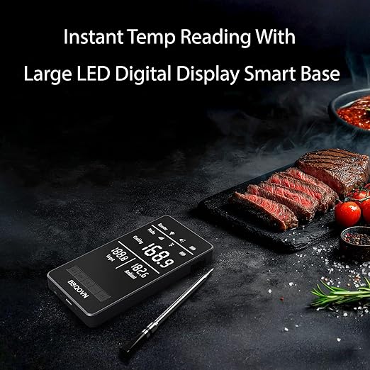 WiFi Sub-1G Wireless Meat Thermometer Unlimited Range 7 NIST Cert.Sensors IP68 With Ambient Temp Accuracy ±0.5°F APP&Magnet Smart Digital Base,Monitor for BBQ, Grill,Oven,Smoker(1,Black,Small)