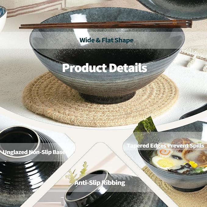 40 oz Ceramic Ramen Bowl Set of 2, Ramen Noodle Bowl with Spoons and Chopsticks 8 Inch Japanese Retro Style Large Soup, Pho, Udon Bowls, Microwave & Dishwasher Safe, Black
