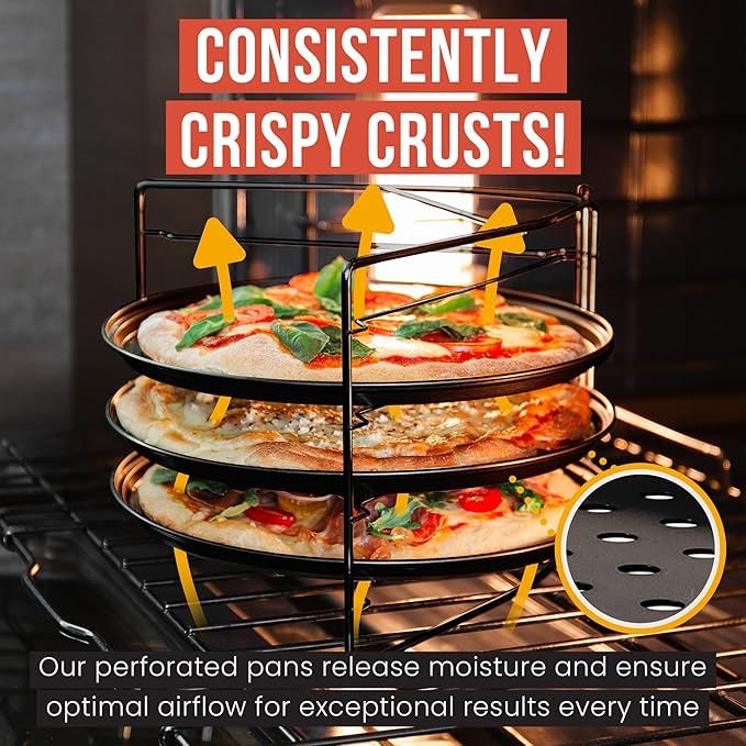 Chef Pomodoro Pizza Baking Set with 3 Pizza Pans & Pizza Rack, 13-Inch, Non-stick Pizza Stand & Pizza Tray for Oven, Grill, Pizza Pan with Holes, Perforated Pizza Pan for Oven, Barbeque
