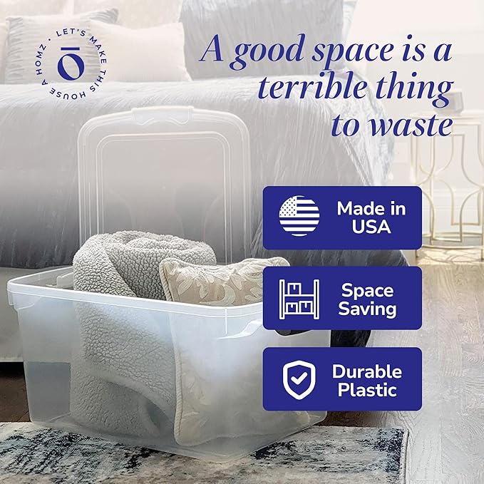 HOMZ 2-Pack Latching Lid, Large Clear Plastic Storage Bins with Lids, 66 Quart, Gray Latch - Stackable Container Boxes for Home, Bathroom, and Office Organization