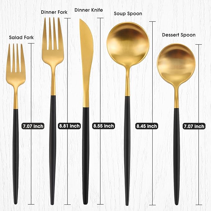 Matte Gold Silverware Set With Black Handle, IBIILII JEFF 40 Pieces Stainless Steel Flatware Set For 8，Kitchen Utensil Set, Tableware Cutlery Set, Knife Spoons And Forks Set, Dishwasher Safe