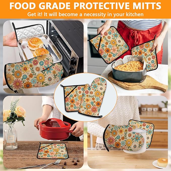 Boho Floral Oven Mitts and Pot Holders Sets 4Pcs,Extra Long Oven Gloves Potholder for Kitchen Cooking Baking BBQ 100% Cotton Heat Resistant