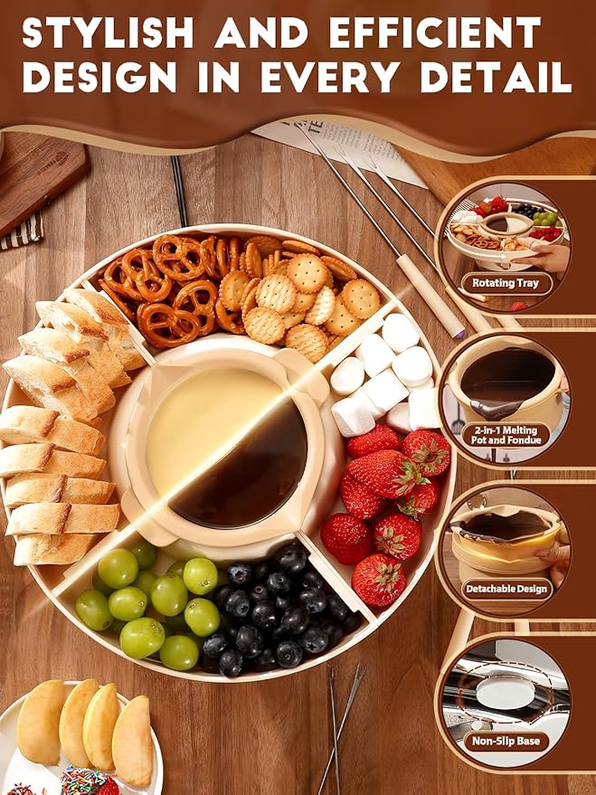 Chocolate Fondue Pot Set Electric Melting Machine, 4-Cup Capacity 4 Trays 5 Forks 1 Spatula Cheese Warmer, Ideal Gift for Couple Family & Date Night Idea House Warming Holidays Essentials